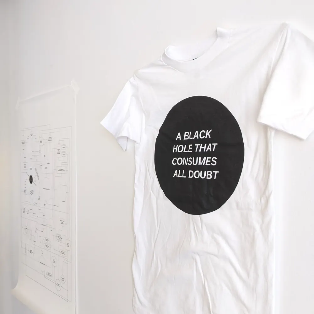 Union-Made T #1, white t-shirt with black circle print